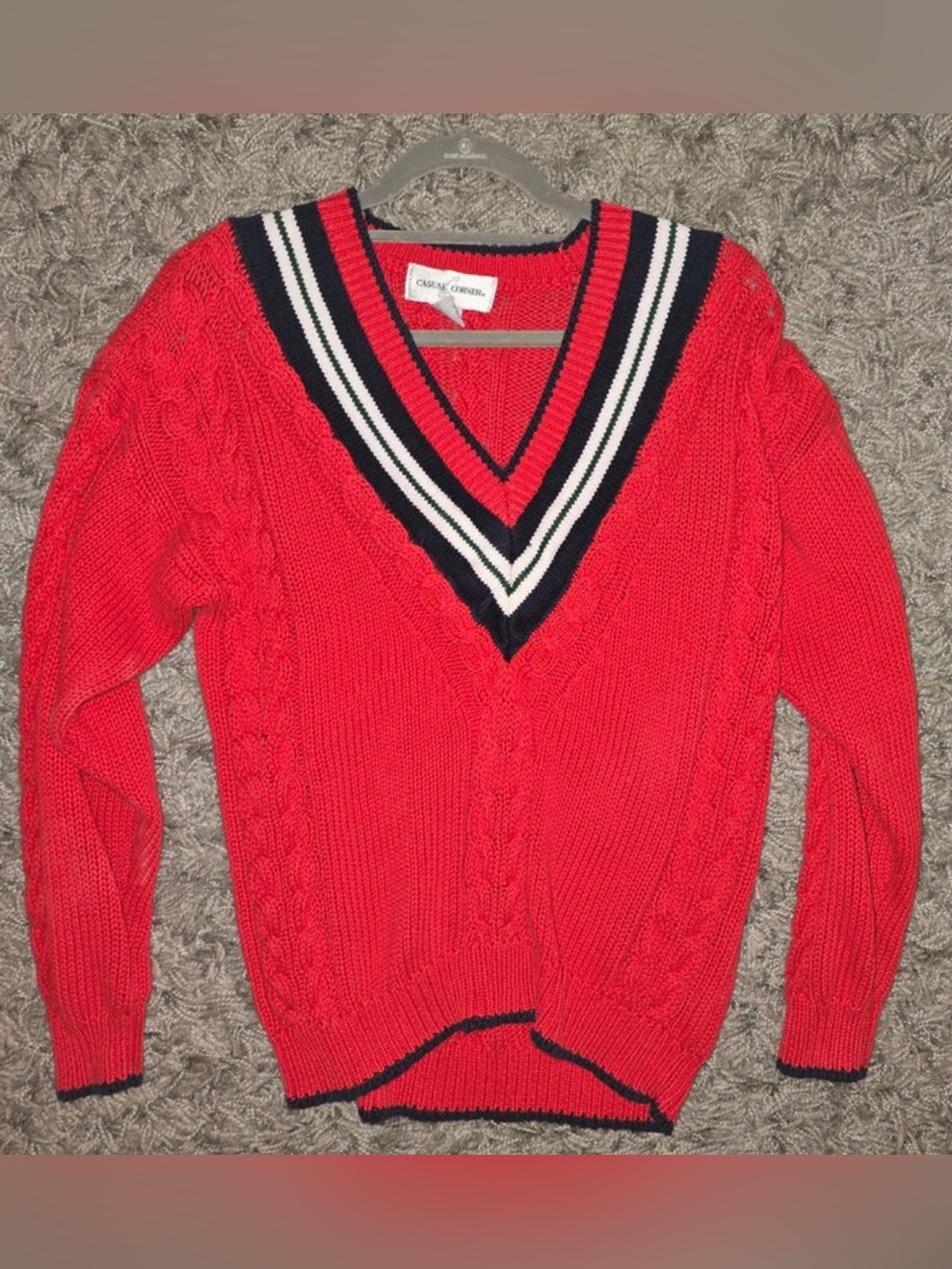Vintage Casual Corner Classic Cable V-Neck Sweater - Red with Navy Trim